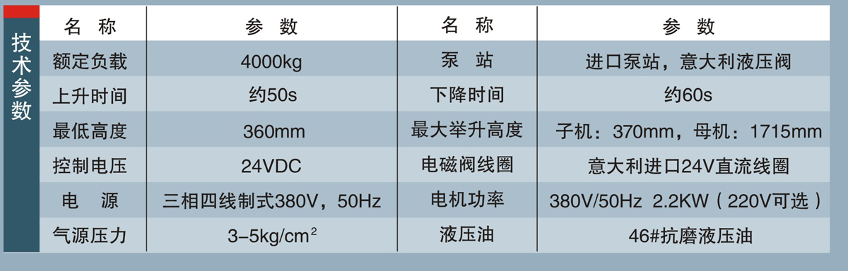 信力XL-116子母剪式舉升機(jī)技術(shù)參數(shù)